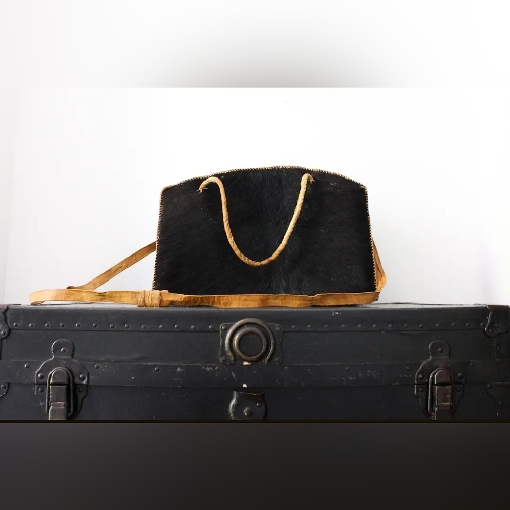 Vintage Cowhide & Leather Large Duffle Bag / Black, Brown, & White Purse
